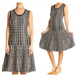 Molly Bracken T2 Black White Windowpane Check Fit & Flare Sweater Knit Dress